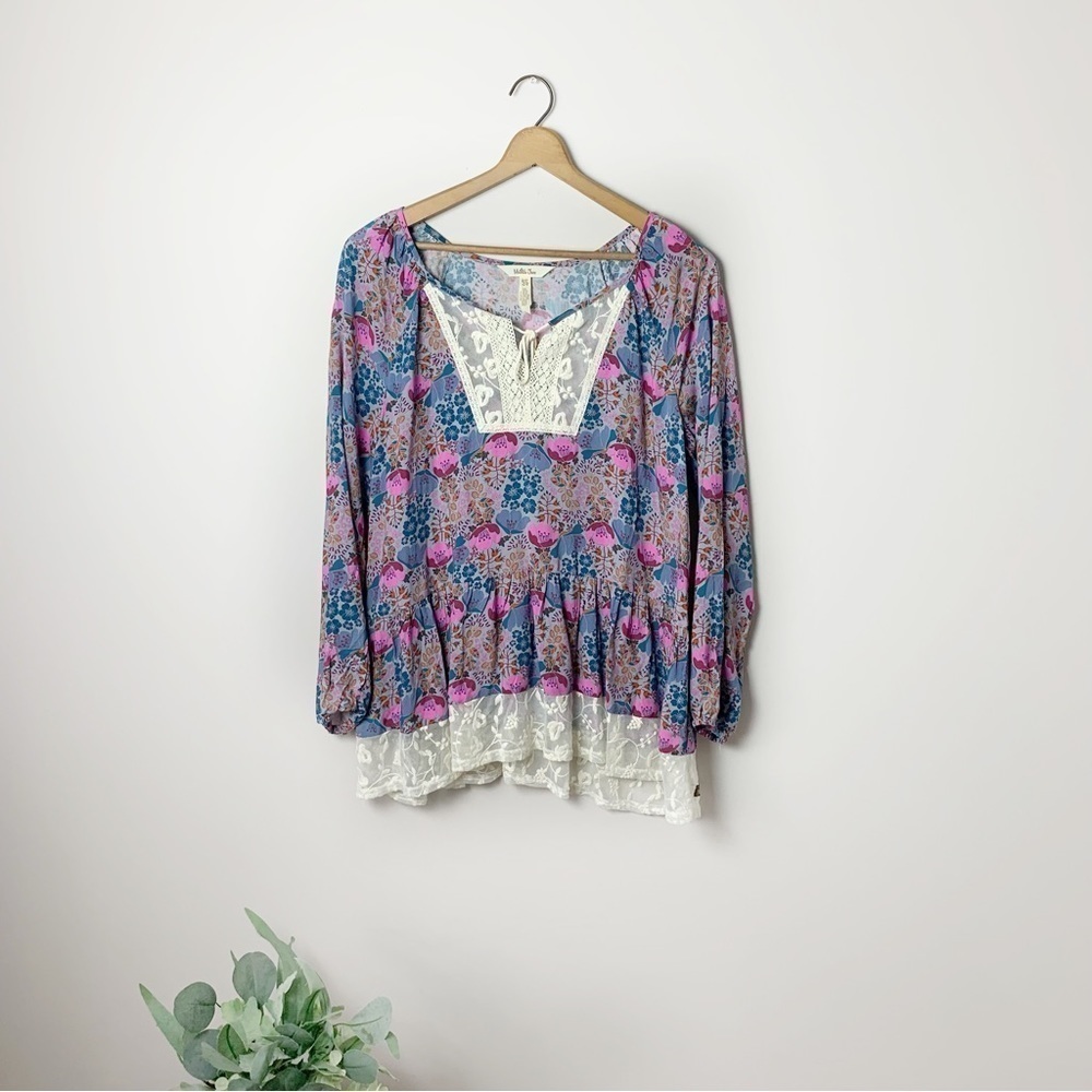 [Matilda Jane] Women's Multi Colored Floral Print Lace Hem Boho Long Sleeve Top